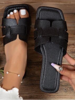 Black Women’s Slide Sandals - Minimal stretch Leather-Look Design